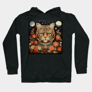 Surrealistic Folk Art Dark Floral Motif Tiger Design Hoodie